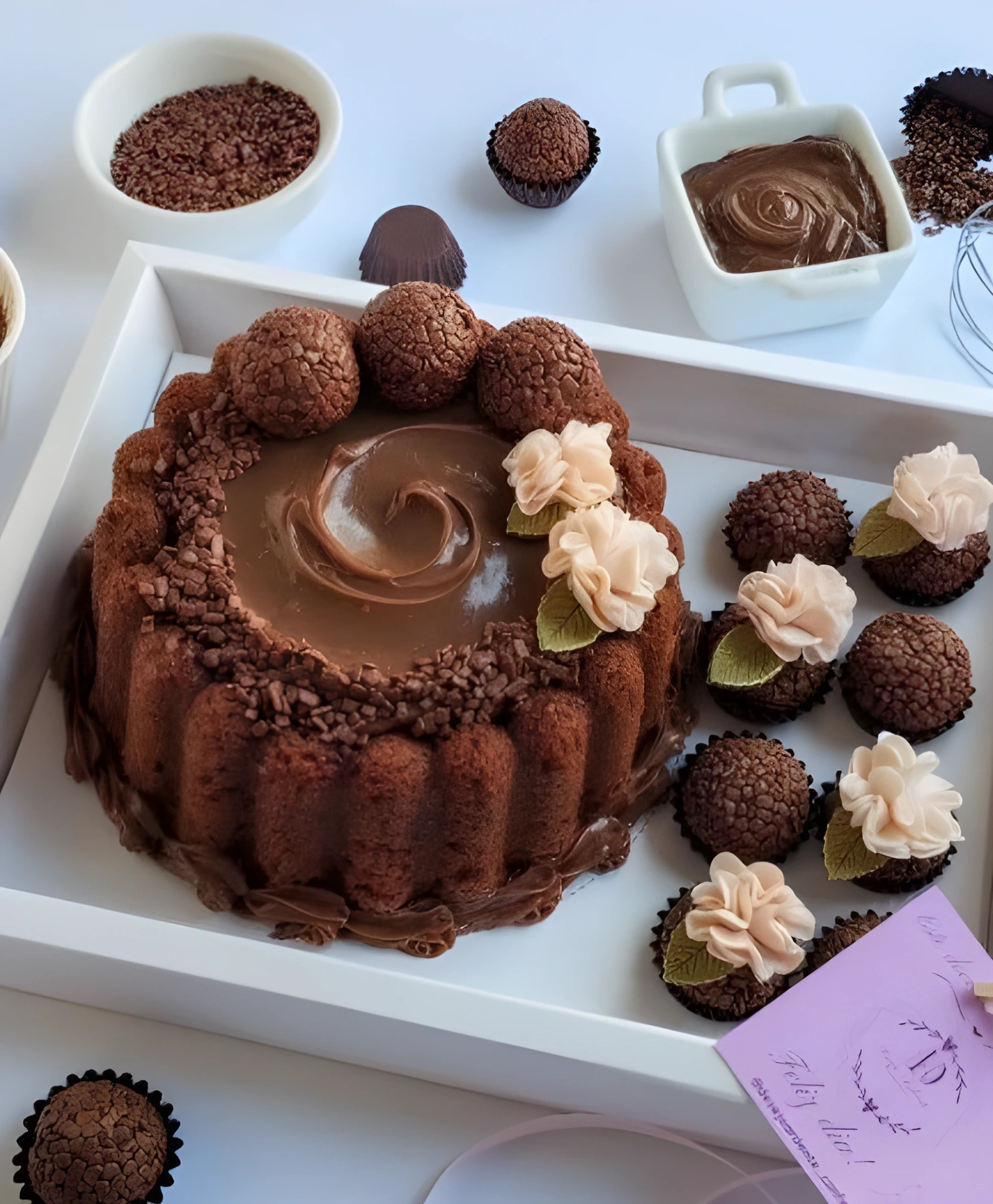Bolo de chocolate com doces florais